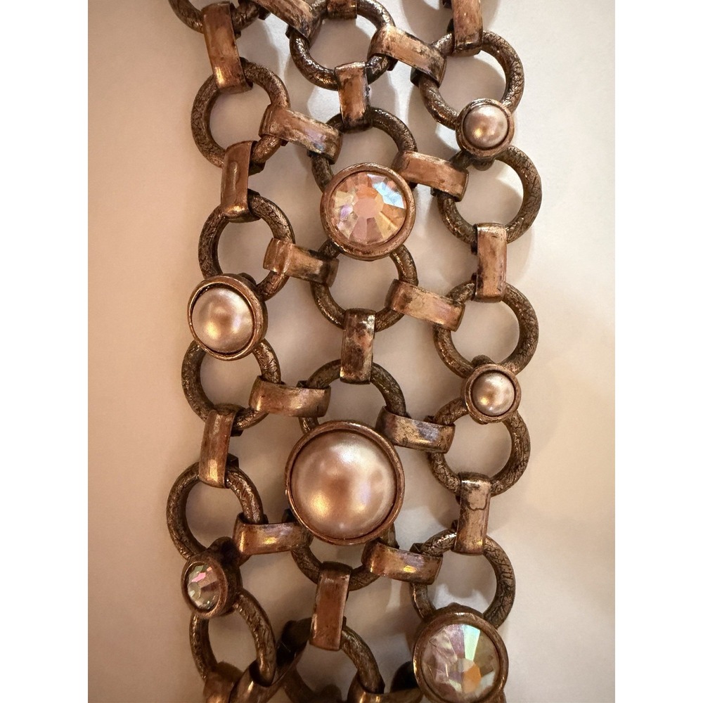 Vintage Wide Link Bracelet Antiqued Copper Finish Faux Pearls Crystal Lia Sophia